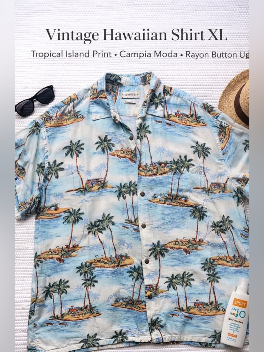 Vintage Hawaiian Shirt XL Tropical Island Print Campia Moda Rayon Button Up